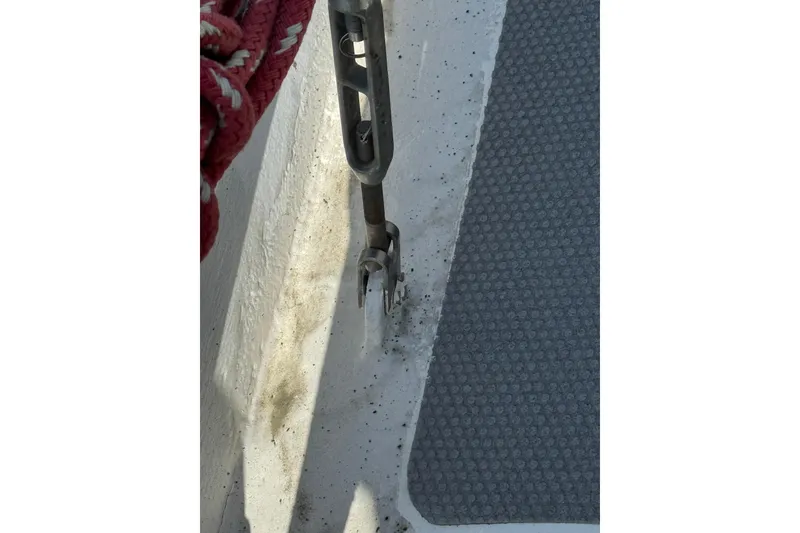 Slide: The Image of Close-up of a 1992 Bruce Bingham Custom Steel Hull 47 deck detail. - 46