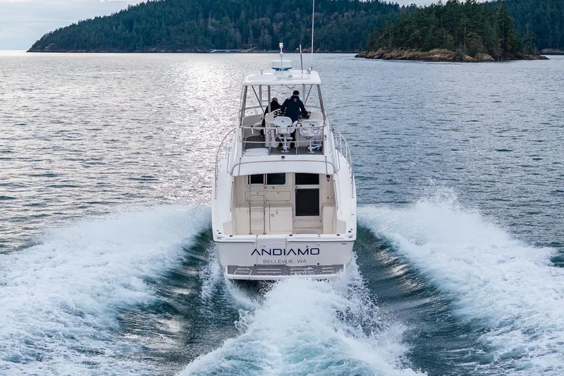 Slide: The Image of 2004 Riviera 37 Flybridge yacht cruising on water near forested shoreline. - 4