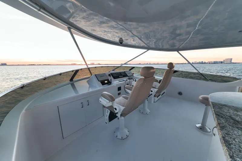 Slide: The Image of Helm of 2002 Hatteras Motor Yacht with ocean view at sunset. - 15