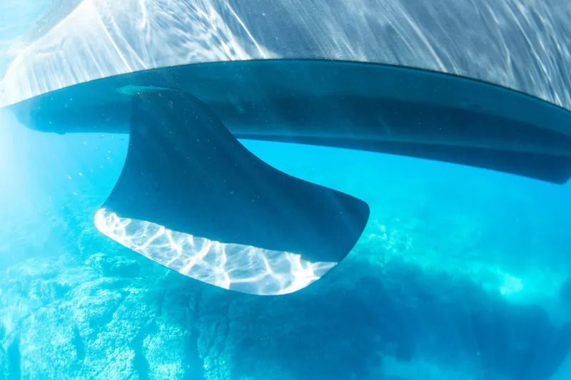 Slide: The Image of Underwater view of 2026 Beneteau Swift Trawler 54 hull and rudder in clear blue water. - 30