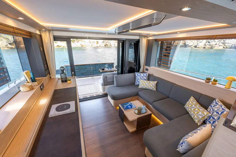 Slide: The Image of Luxurious interior of 2026 Beneteau Swift Trawler 54 with modern decor and ocean view. - 36