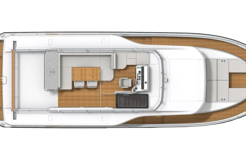 Slide: The Image of Top view of 2026 Beneteau Swift Trawler 54, showcasing deck layout and seating arrangement. - 53