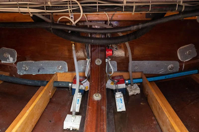 Slide: The Image of Interior view of 2021 Brooklin Boat Yard 32 Express, showcasing wiring and structural components. - 41