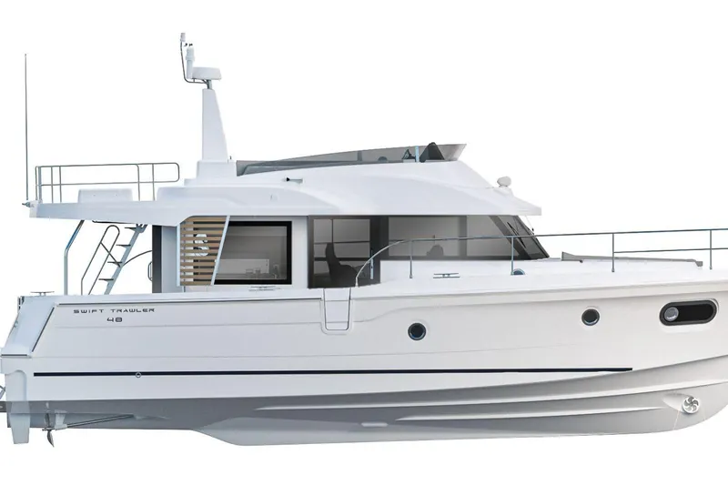 Slide: The Image of 2026 Beneteau Swift Trawler 48, sleek white design, side view, modern trawler yacht. - 50