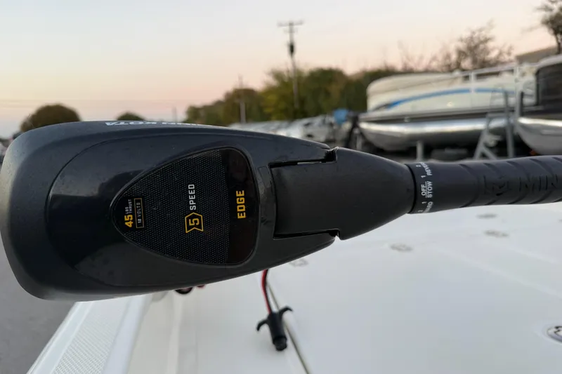 Slide: The Image of Close-up of Minn Kota Edge motor on 2023 Mako Pro Skiff 15 CC boat. - 22