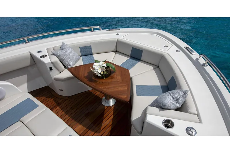 Slide: The Image of Manufacturer Provided Image: Luxurious seating area on the 2020 Ocean Alexander 45 Divergence Sport yacht. - 10