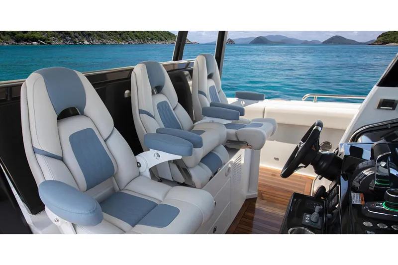 Slide: The Image of Manufacturer Provided Image: Luxury seating on 2020 Ocean Alexander 45 Divergence Sport yacht with ocean view. - 12