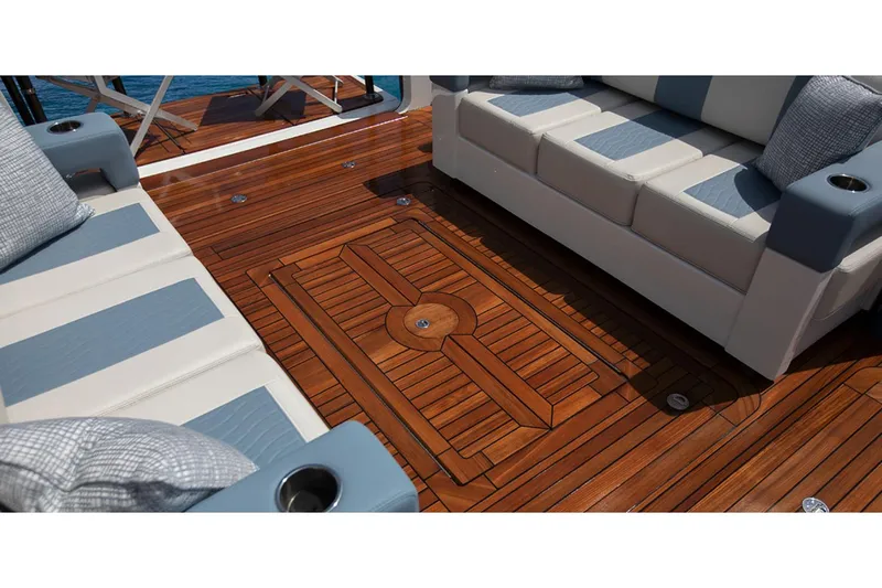 Slide: The Image of Manufacturer Provided Image: Luxurious teak deck seating area on 2020 Ocean Alexander 45 Divergence Sport yacht. - 15