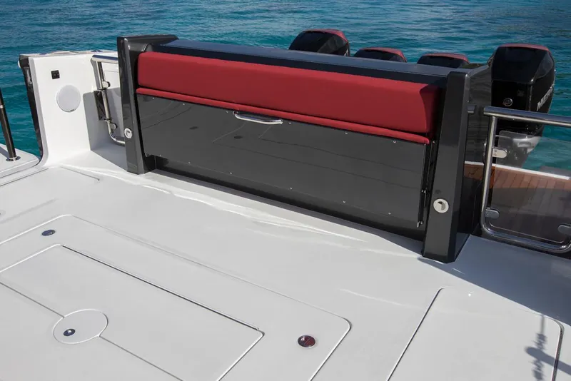 Slide: The Image of Manufacturer Provided Image: 2020 Ocean Alexander 45 Divergence Sport boat deck with red seating. - 18