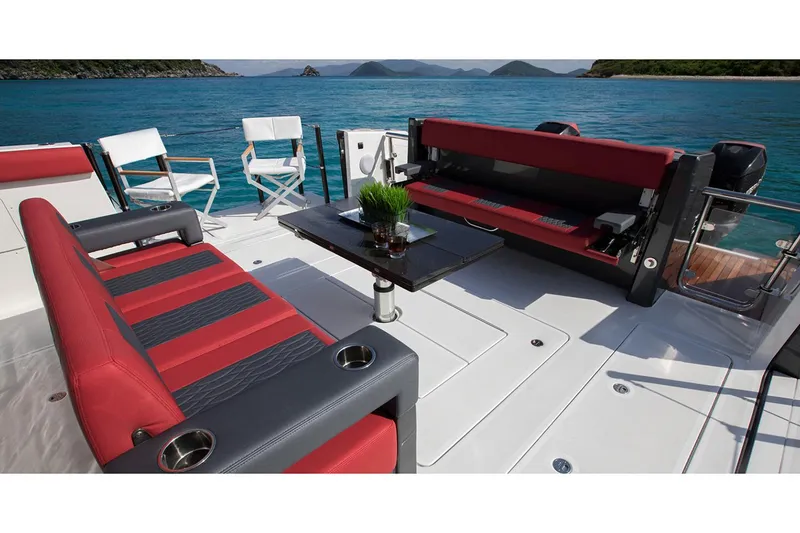 Slide: The Image of Manufacturer Provided Image: Luxury deck of 2020 Ocean Alexander 45 Divergence Sport yacht with red and black seating. - 19