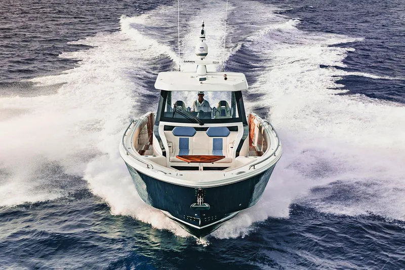 Slide: The Image of Manufacturer Provided Image: 2020 Ocean Alexander 45 Divergence Sport cruising on open water. - 2