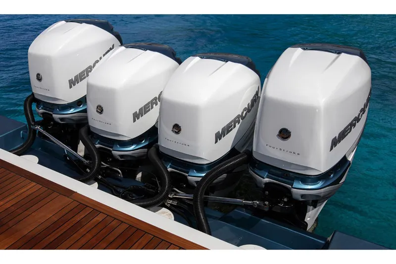 Slide: The Image of Manufacturer Provided Image: Four Mercury outboard engines on a 2020 Ocean Alexander 45 Divergence Sport boat. - 24