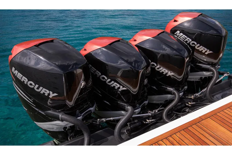 Slide: The Image of Manufacturer Provided Image: Four Mercury outboard engines on a 2020 Ocean Alexander 45 Divergence Sport boat. - 25