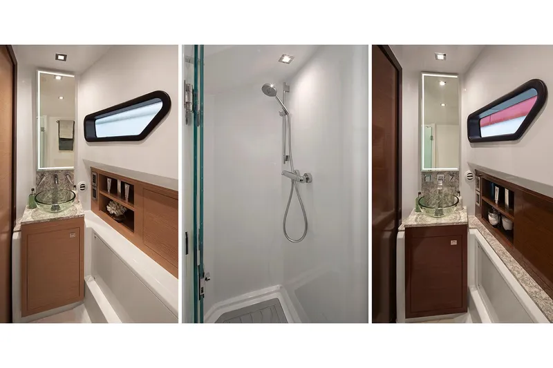 Slide: The Image of Manufacturer Provided Image: 2020 Ocean Alexander 45 Divergence Sport bathroom with modern shower and vanity. - 26