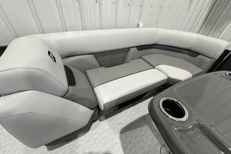 Slide: The Image of Luxurious seating in 2026 Princecraft Vectra 23 RL boat, featuring sleek gray upholstery. - 14