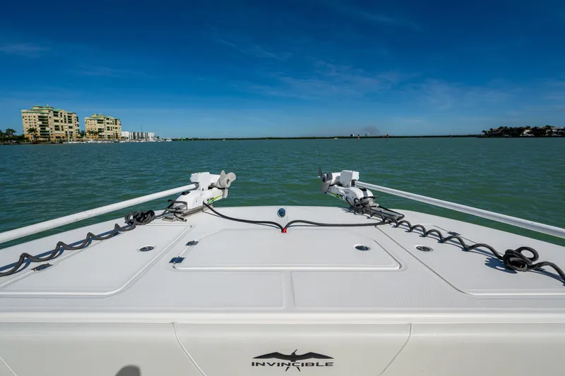 Slide: The Image of Invincible 40 Catamaran 2021 on calm waters with coastal buildings in background. - 20