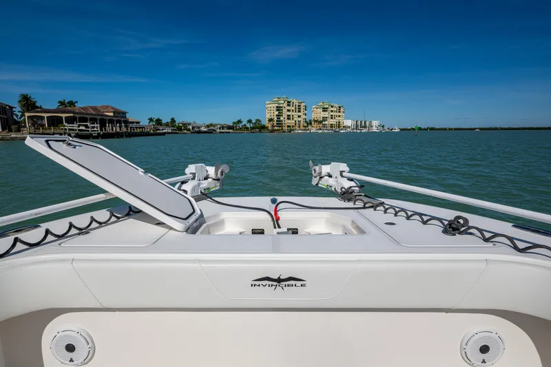 Slide: The Image of Invincible 40 Catamaran 2021 on water, open hatch, coastal buildings in background. - 27