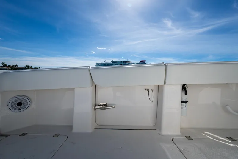 Slide: The Image of 2021 Invincible 40 Catamaran deck with clear sky and safety equipment. - 39