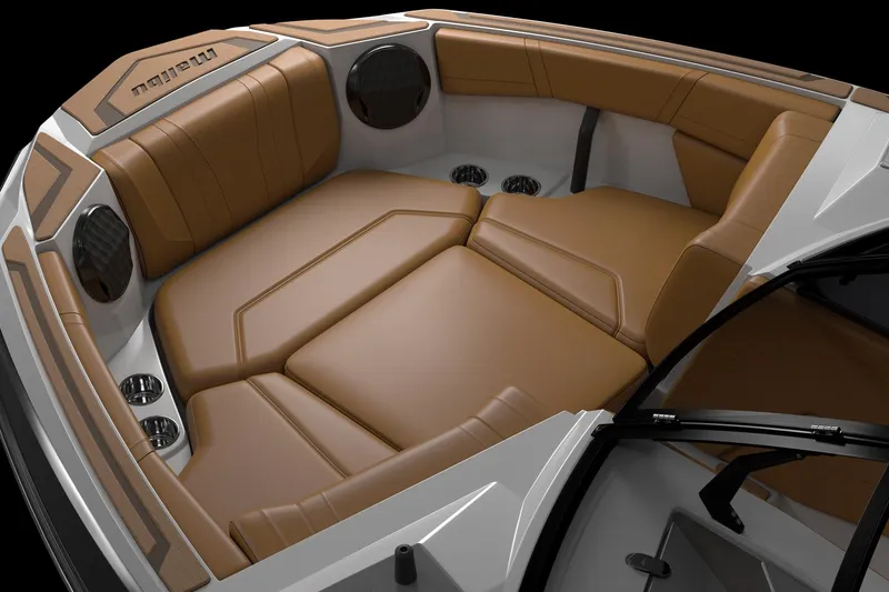 Slide: The Image of Manufacturer Provided Image: 2026 Malibu Wakesetter 21 LX boat interior with luxurious brown seating. - 3