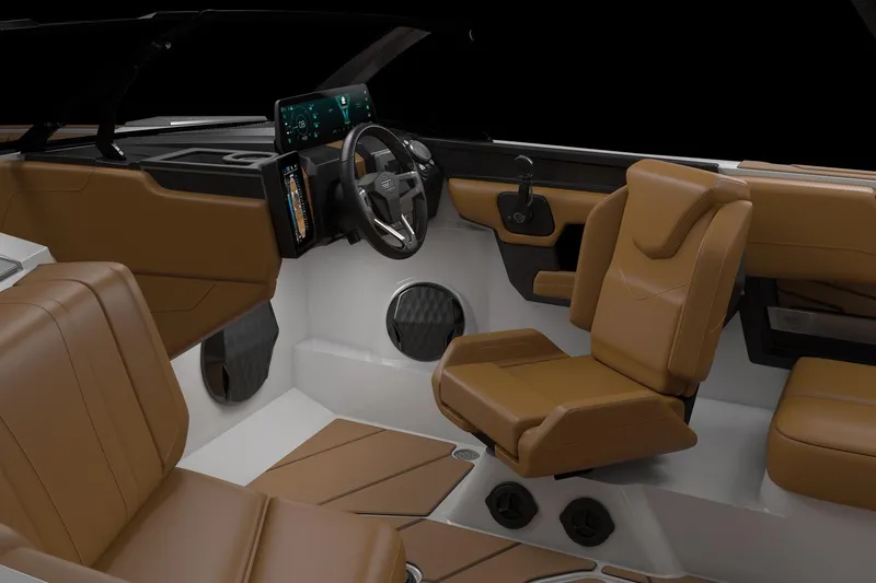 Slide: The Image of Manufacturer Provided Image: 2026 Malibu Wakesetter 21 LX interior with brown leather seats and modern dashboard. - 4