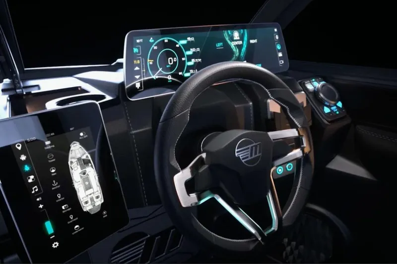 Slide: The Image of 2026 Malibu Wakesetter 22 LSV dashboard with advanced digital controls and steering wheel. - 5