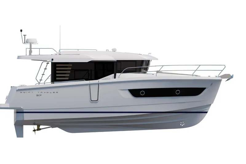 Slide: The Image of 2026 Beneteau Swift Trawler 37 Sedan, sleek white design, side view. - 20
