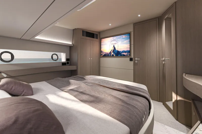 Slide: The Image of Luxurious bedroom interior of 2026 Beneteau Gran Turismo 50 yacht, featuring modern design and amenities. - 17