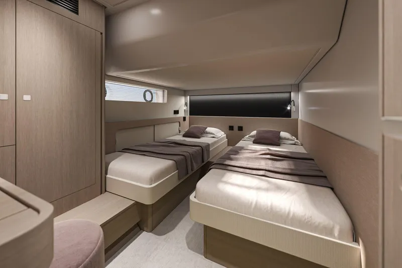 Slide: The Image of Luxurious cabin interior of 2026 Beneteau Gran Turismo 50 yacht with twin beds. - 19