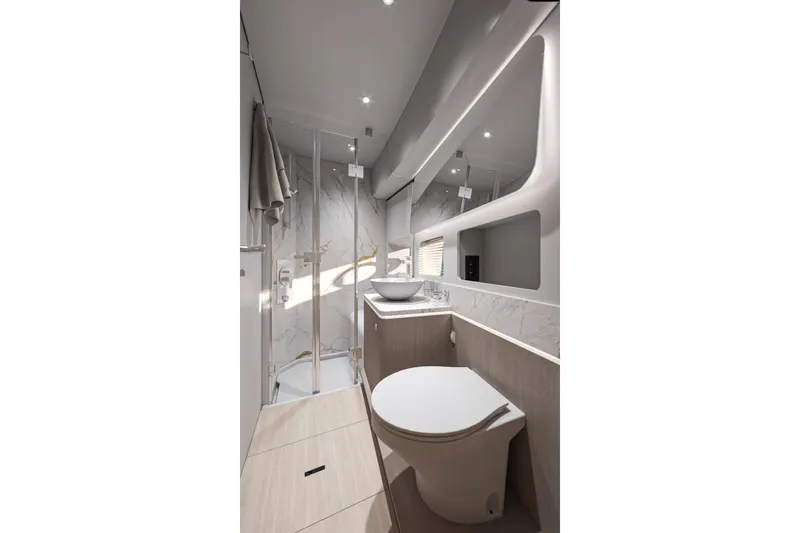 Slide: The Image of Luxurious bathroom in 2026 Beneteau Gran Turismo 50 yacht, featuring modern fixtures and elegant design. - 23