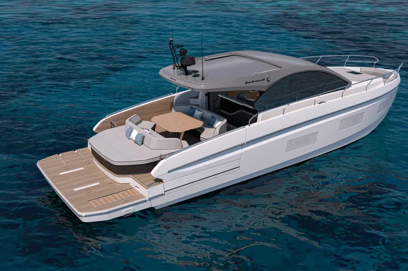 Slide: The Image of 2026 Beneteau Gran Turismo 50 yacht on clear blue water, showcasing sleek design and luxury features. - 6