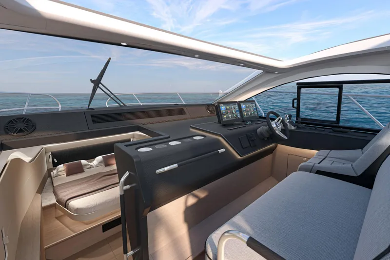 Slide: The Image of Interior of 2026 Beneteau Gran Turismo 40 yacht, featuring modern helm and luxurious seating. - 38
