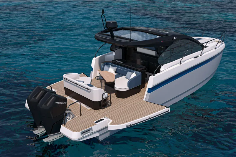 Slide: The Image of 2026 Beneteau Gran Turismo 40 luxury yacht on clear blue water, featuring sleek design and spacious deck. - 42