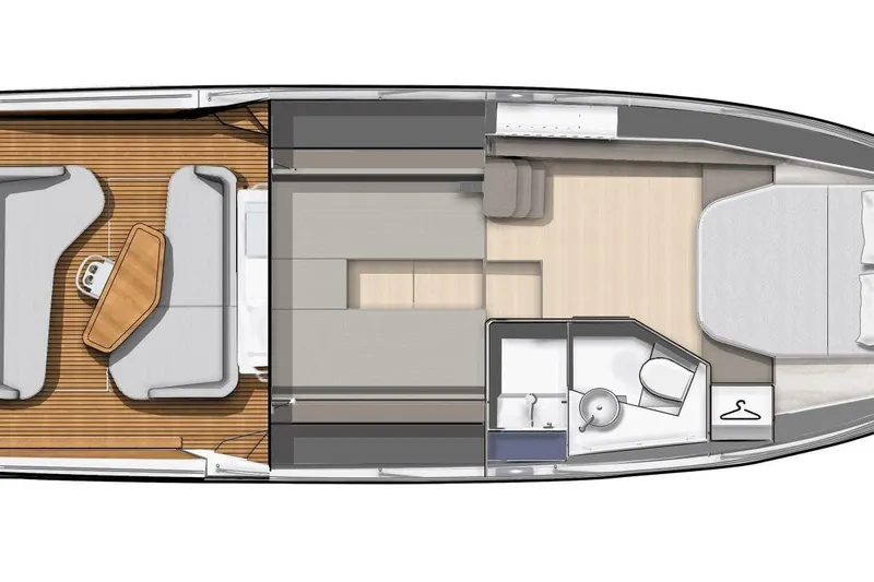 Slide: The Image of Floor plan of 2026 Beneteau Gran Turismo 40 yacht, featuring seating, bedroom, and bathroom areas. - 50