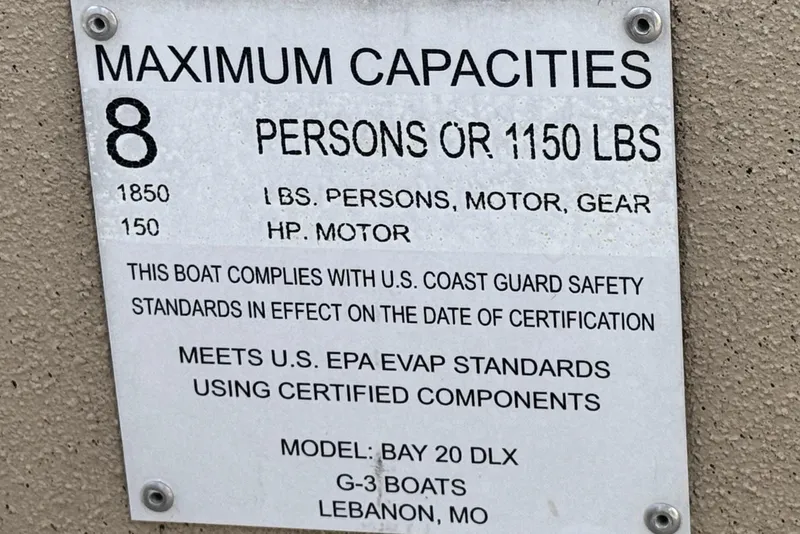 Slide: The Image of 2021 G3 Bay 20 DLX capacity plate, 8 persons or 1150 lbs, safety compliance details. - 27