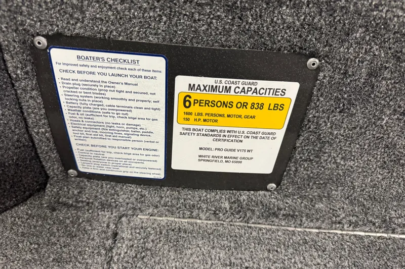 Slide: The Image of 2026 Tracker Pro Guide V-175 WT capacity label, 6 persons or 838 lbs, safety checklist included. - 10