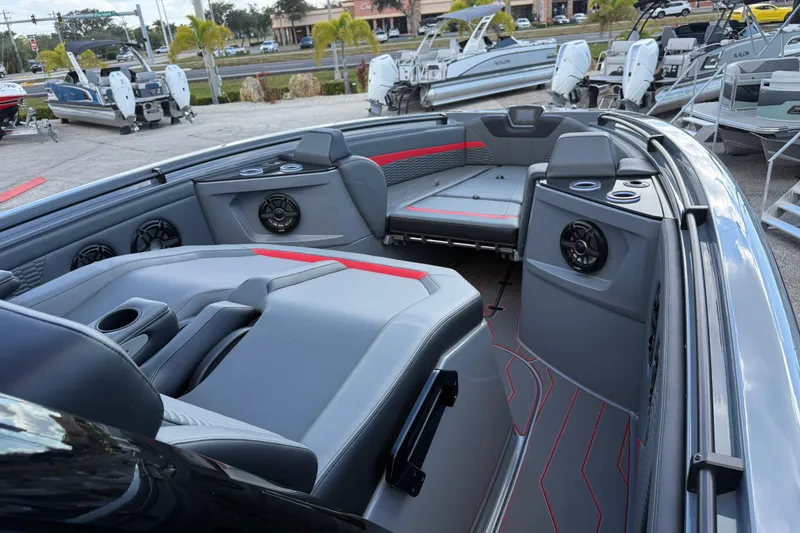 Slide: The Image of 2026 Sunsation 34 CCX boat interior with sleek seating and modern design elements. - 20