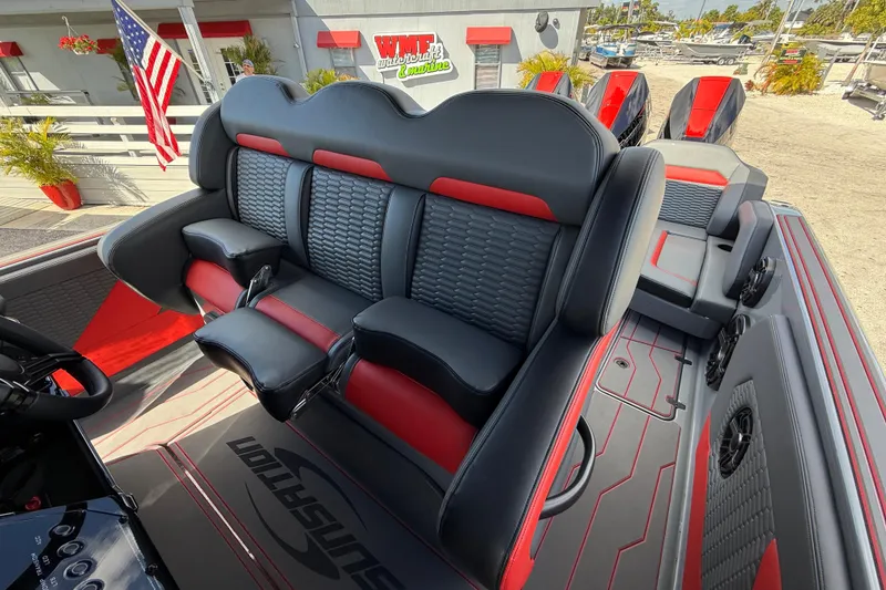 Slide: The Image of 2026 Sunsation 34 CCX boat interior with stylish black and red seating. - 41