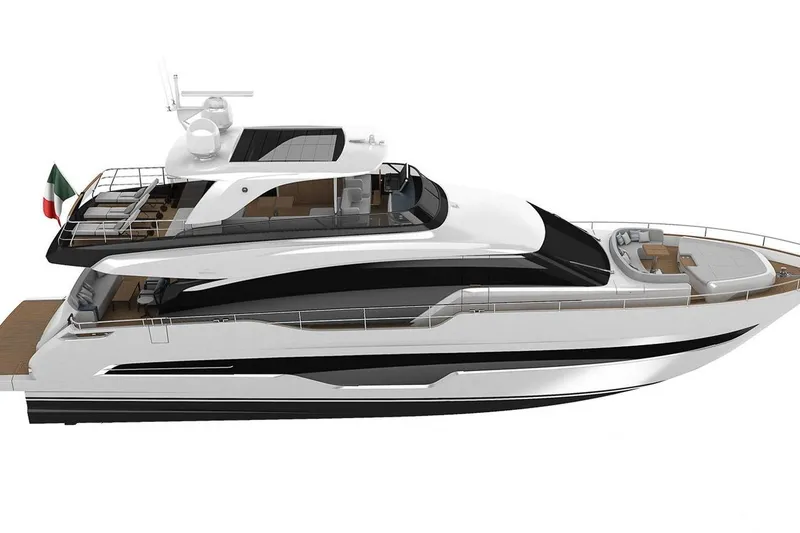Slide: The Image of 2026 Cranchi Settantotto 78 yacht, sleek design, luxury features, Italian flag displayed. - 58