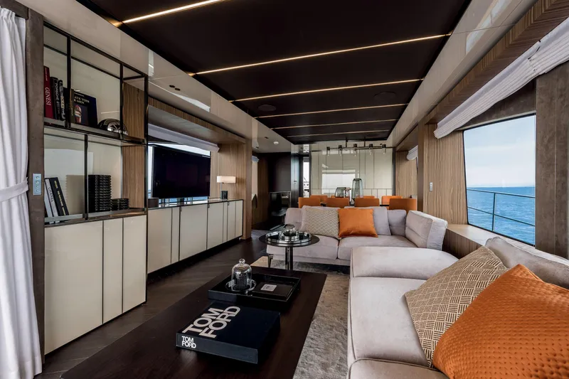 Slide: The Image of Luxurious interior of 2026 Cranchi Settantotto 78 yacht with modern decor and ocean view. - 10
