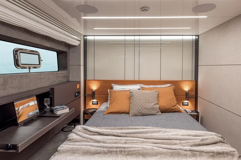 Slide: The Image of Luxurious bedroom interior of 2026 Cranchi Settantotto 78 yacht with modern design and sea view. - 21