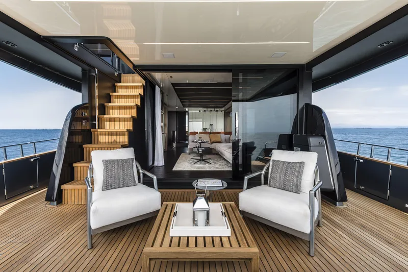 Slide: The Image of Luxurious 2026 Cranchi Settantotto 78 yacht interior with elegant seating and ocean view. - 42