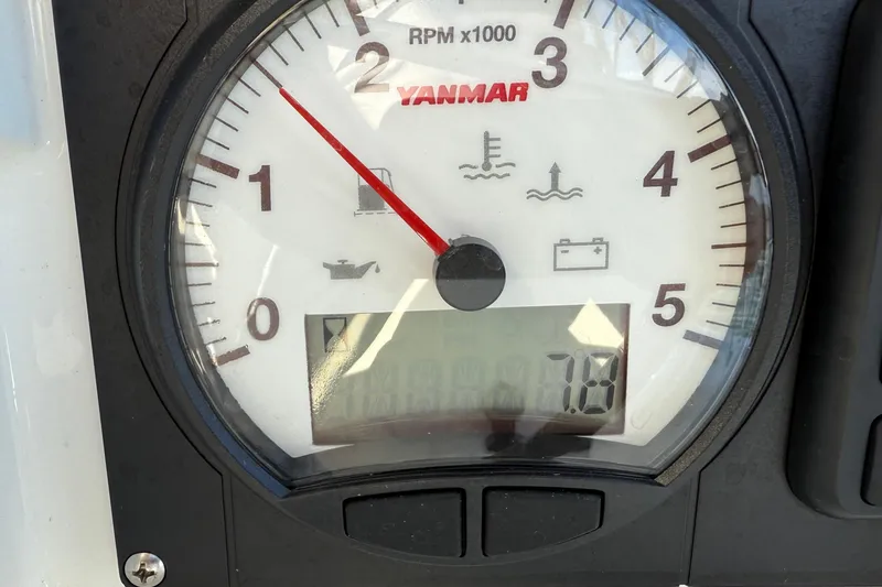 Slide: The Image of Close-up of a Yanmar RPM gauge on a 2019 Lagoon 450 boat. - 57