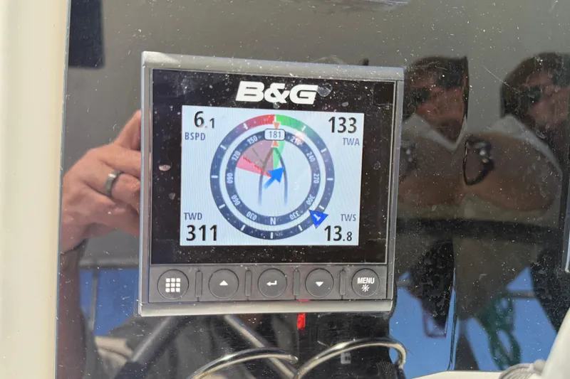 Slide: The Image of B&G navigation display on 2019 Lagoon 450 catamaran showing speed and wind data. - 58