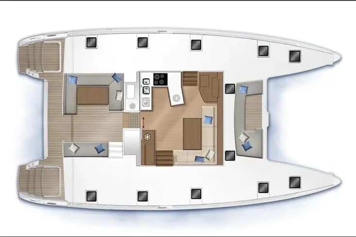 Slide: The Image of Top view layout of 2019 Lagoon 450 catamaran, featuring spacious interior and deck areas. - 73