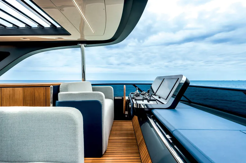Slide: The Image of Luxurious 2026 Cranchi Settantotto 78 yacht interior with ocean view and modern design. - 32