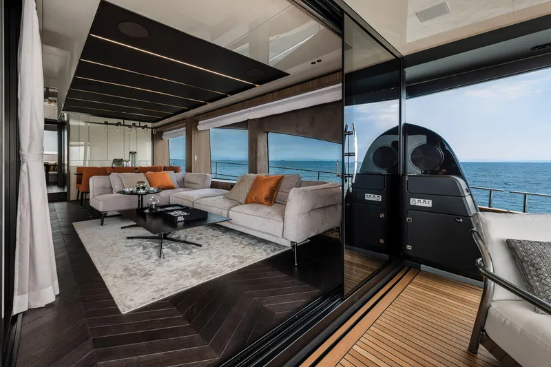 Slide: The Image of Luxurious interior of 2026 Cranchi Settantotto 78 yacht with ocean view. - 41