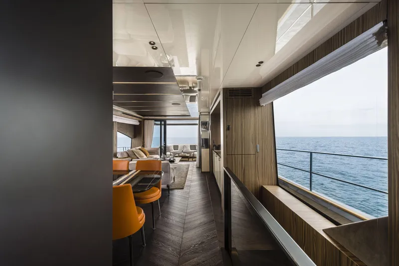 Slide: The Image of Luxurious interior of 2026 Cranchi Settantotto 78 yacht with ocean view. - 8