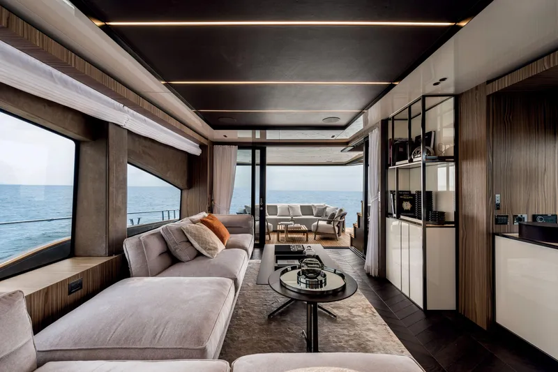 Slide: The Image of Luxurious interior of 2026 Cranchi Settantotto 78 yacht with ocean view and modern furnishings. - 9