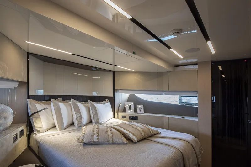 Slide: The Image of Luxurious interior of 2026 Cranchi Sessantasette 67 yacht bedroom with modern design. - 20