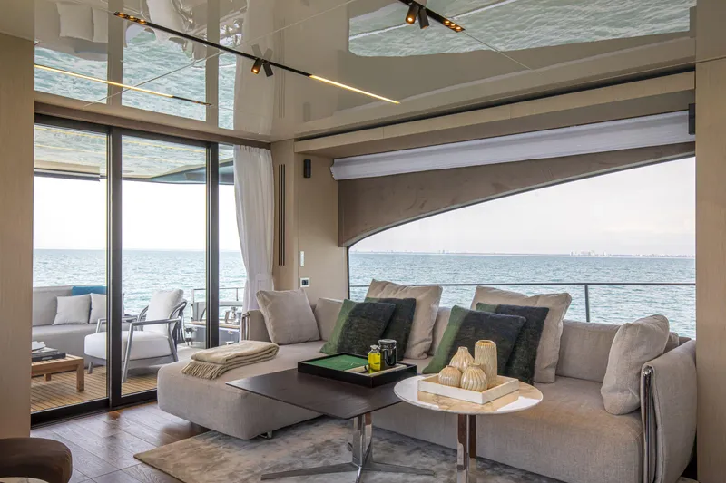 Slide: The Image of Luxurious interior of 2026 Cranchi Sessantasette 67 yacht with ocean view. - 44
